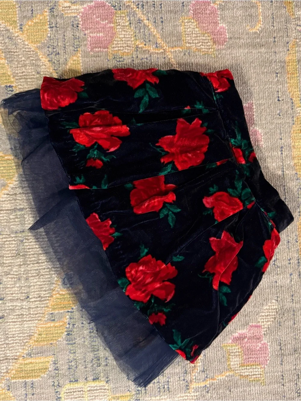 Janie & Jack Floral Velvet Skirt with Tulle Hem - Red Roses on Navy NWT
